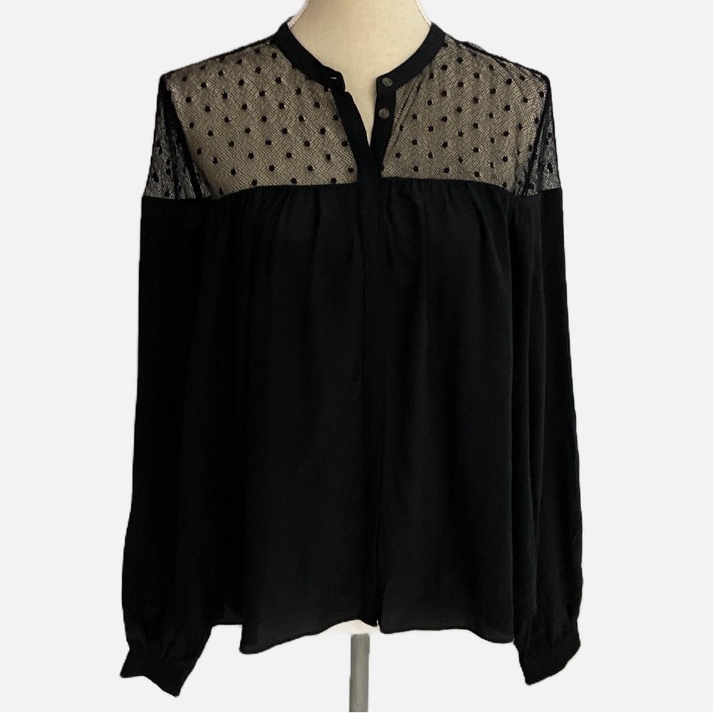 Wilfred Silk Blouse Womens XS Black Swiss Dot Mesh Yoke Long‎ Sleeve 56702